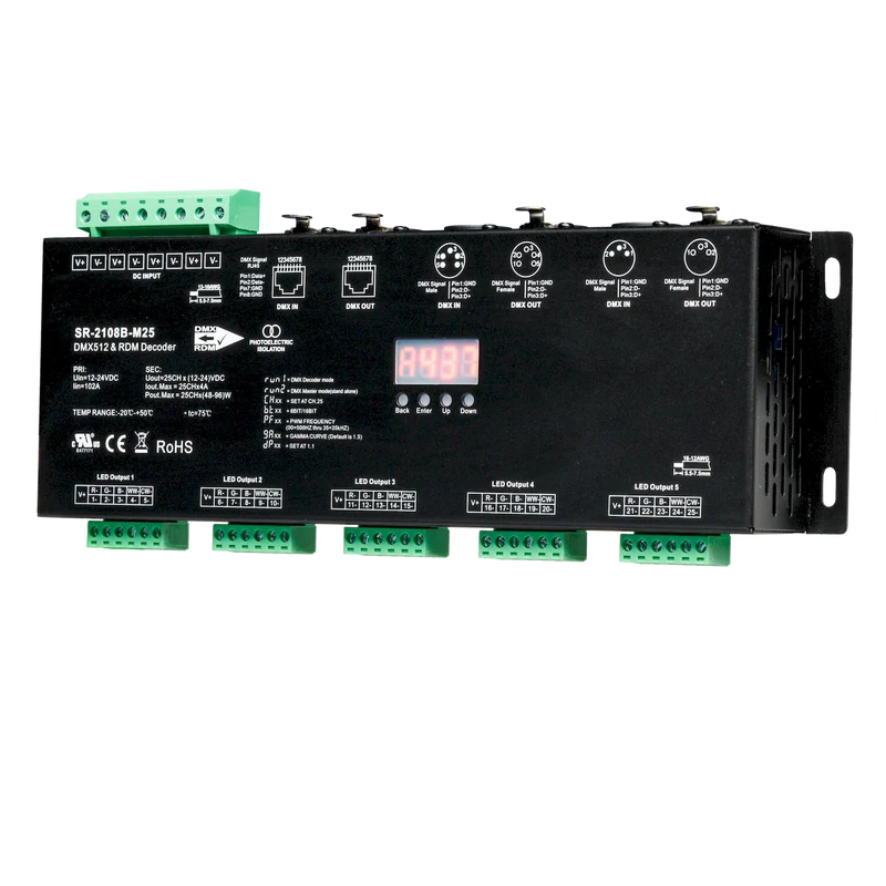 DMX+RDM Decoder: 25CH (5x5CH) with XLR3, XLR5 and RJ45 connections
